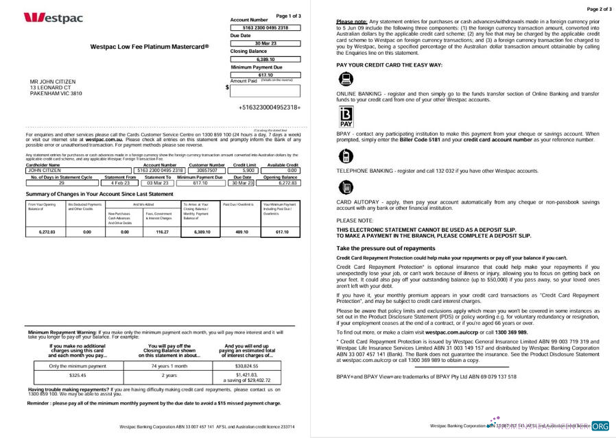 Download Australia Westpac bank statement pages 1, 2 word